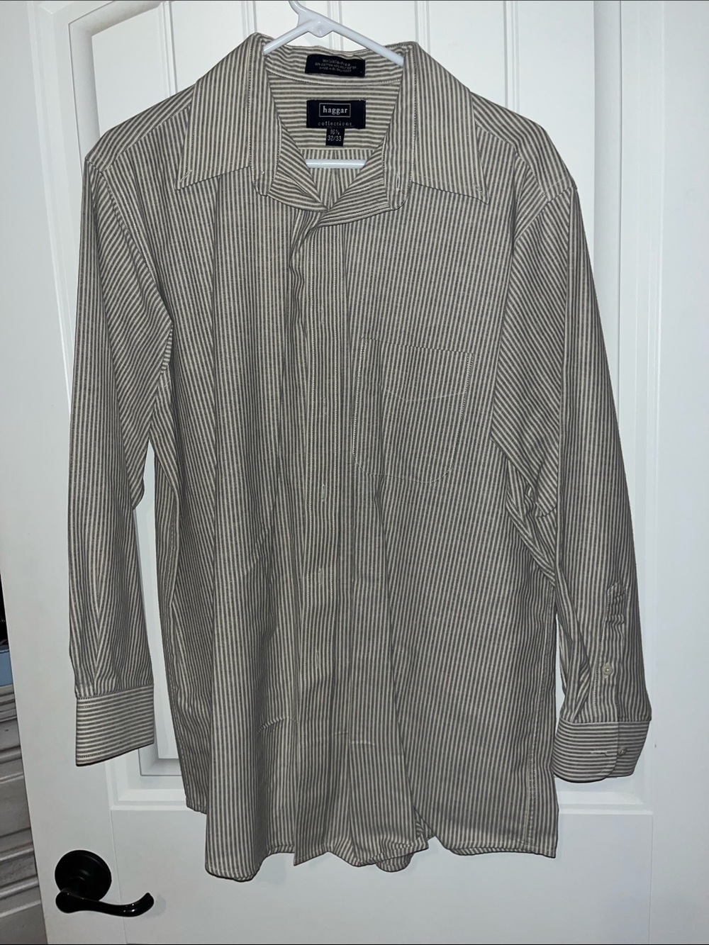 Haggar Men's Vertical Stripe Dress Shirt in Beige and White